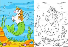 Cute mermaid unicorn. Magic fairy horse. Coloring book page for kids. Cartoon style. Vector illustration isolated on white background.