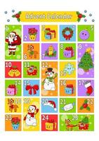 Christmas advent calendar with cute characters. Santa claus, deer, snowman, fir tree, snowflake, gift, bauble, sock. Cartoon style. With numbers 1 to 25. Vector illustration. Holiday preparation.