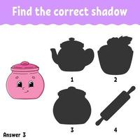 Find the correct shadow. Education developing worksheet. Matching game for kids. Activity page. Puzzle for children. Cartoon character. Isolated vector illustration.