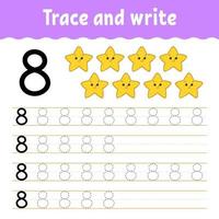 Learn Numbers. Trace and write. Handwriting practice. Learning numbers for kids. Education developing worksheet. Color activity page. Isolated vector illustration in cute cartoon style.