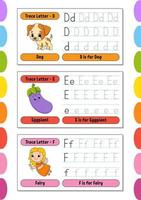 Writing letters. Set tracing page. Practice sheet. Worksheet for kids. Learn alphabet. Cute characters. Vector illustration. Cartoon style.