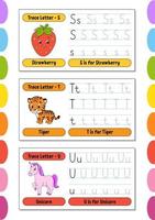 Writing letters. Set tracing page. Practice sheet. Worksheet for kids. Learn alphabet. Cute characters. Vector illustration. Cartoon style.