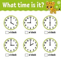 Learning time on the clock. Educational activity worksheet for kids and toddlers. Game for children. Simple flat isolated color vector illustration in cute cartoon style.