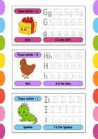 Writing letters. Set tracing page. Practice sheet. Worksheet for kids. Learn alphabet. Cute characters. Vector illustration. Cartoon style.