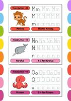 Writing letters. Set tracing page. Practice sheet. Worksheet for kids. Learn alphabet. Cute characters. Vector illustration. Cartoon style.