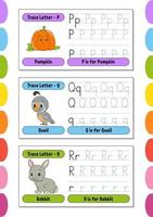 Writing letters. Set tracing page. Practice sheet. Worksheet for kids. Learn alphabet. Cute characters. Vector illustration. Cartoon style.