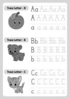 Writing letters. Tracing page. Practice sheet. Worksheet for kids. Exercise for preschools. Learn alphabet. Cute characters. Vector illustration. Cartoon style.