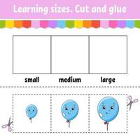 Learning sizes. Cut and glue. Easy level. Color activity worksheet. Game for children. Cartoon character. Vector illustration.