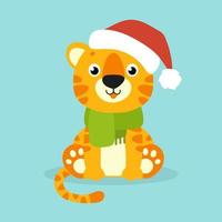 Tiger simbol in a santa hat. Cartoon character. Colorful vector illustration. Isolated on color background. Design element. Template for your design, books, stickers, cards.