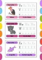 Writing letters. Set tracing page. Practice sheet. Worksheet for kids. Learn alphabet. Cute characters. Vector illustration. Cartoon style.