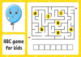 ABC maze for kids. Rectangle labyrinth. Activity worksheet. Puzzle for children. Cartoon style. Logical conundrum. Color vector illustration.