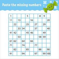 Paste the missing numbers from 1 to 100. Handwriting practice. Learning numbers for kids. Education developing worksheet. Activity page. Game for children. vector