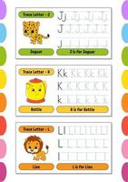 Writing letters. Set tracing page. Practice sheet. Worksheet for kids. Learn alphabet. Cute characters. Vector illustration. Cartoon style.