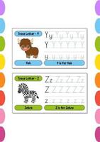 Writing letters. Set tracing page. Practice sheet. Worksheet for kids. Learn alphabet. Cute characters. Vector illustration. Cartoon style.