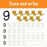 Learn Numbers. Trace and write. Handwriting practice. Learning numbers for kids. Education developing worksheet. Color activity page. Isolated vector illustration in cute cartoon style.