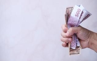 Money coin on table background and concept saving money and Business growth strategy of money concept photo