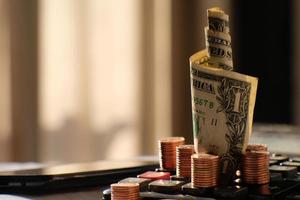 coin on table background and business or finance saving money photo