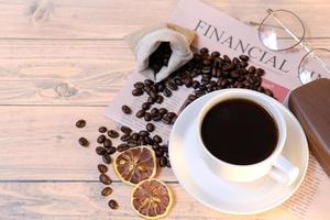 coffee cup on table and space for text, americano coffee in morning photo