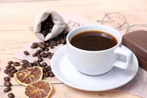 coffee cup on table and space for text, americano coffee in morning photo