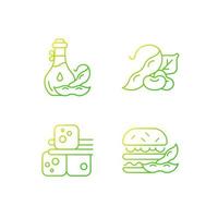 Soybeans cooking gradient linear vector icons set. Healthy meals with organic ingredients. Tofu cubes preparation. Thin line contour symbols bundle. Isolated vector outline illustrations collection