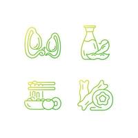 Soy meals gradient linear vector icons set. Soybeans sprouts growing. Tofu cheese skin. Organic foods. Thin line contour symbols bundle. Isolated vector outline illustrations collection