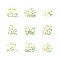 Soy plants gradient linear vector icons set. Growing organic vegetables. Vegeterian foods fill of nutritions. Thin line contour symbols bundle. Isolated vector outline illustrations collection