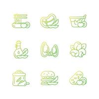 Conjunto de iconos de vector lineal degradado de plantas de soja. cultivo de hortalizas orgánicas. los alimentos vegetarianos están llenos de nutrientes. paquete de símbolos de contorno de línea delgada. colección de ilustraciones de contorno vectorial aislado