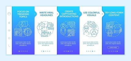 Popular content creation tips onboarding vector template. Responsive mobile website with icons. Web page walkthrough 5 step screens. Captivating introductions color concept with linear illustrations