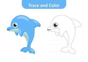 Trace and color for kids, dolphin vector