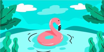 flotador de flamencos en la ilustración de doodle de lago vector