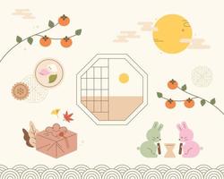 Chuseok greeting card with traditional Korean object design. flat design style minimal vector illustration.
