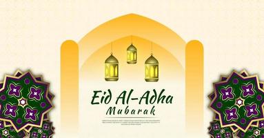 Eid al-Adha background with flowers on both sides and a mosque with lanterns in the middle. vector