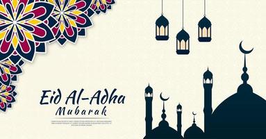 Eid al-Adha background with flowers and mosque on each side. vector