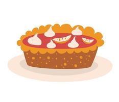 Pumpkin pie. Tasty pie with whipped cream on a plate. Thanksgiving dinner. Traditional autumn cake. Vector illustration isolated on a white background.