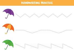 Handwriting practice. Trace lines. Set of colorful umbrellas. vector