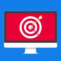 Modern electronic device - flat design monitor or All in one PC vector illustration target arrow popped above the screen isolated on blue background.  Technology concept of goal . Flat style design.