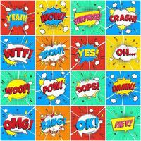 Colorful comic speech bubbles seamless pattern with phrases OMG, POW, BANG, OOPS, WOW, SURPRISE, HEY BOOM etc. flat style design vector illustration isolated on color rays background.