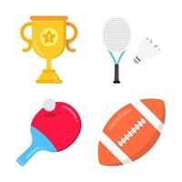 Raquetas de bádminton y tenis de mesa, pelota de fútbol, copa de oro deporte conjunto diseño de estilo plano vector ilustración icono signos aislados sobre fondo blanco. símbolos del equipamiento deportivo de levantamiento de pesas.