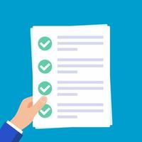 Hand hold claim form with check marks ticks and text isolated on light blue background.eps vector