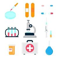 Hospital medicine first aid kit and laboratory equipment for analysis, vaccines and cure people science things  flat style design vector illustration isolated on background.