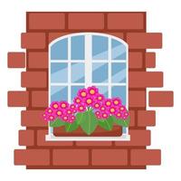 Box with flowers on the window, brick wall with white window, vector illustration in flat style, cartoon, isolated