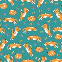 Cats and butterflies seamless pattern in flat style, vector background with animals, cat in different poses pattern