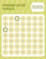 Math number maze puzzle. Prinatble math worksheet page. vector