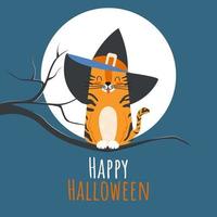 tarjeta de felicitación para niños o invitación a una fiesta con la ilustración vectorial de un lindo gato atigrado con un sombrero de bruja en luna llena. fondo de halloween vector