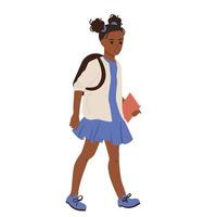 Niña de la escuela afroamericana con una mochila y un libro de texto en sus manos. ilustración vectorial plana sobre fondo blanco aislado vector
