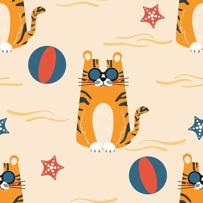 Seamless summer sea pattern cute character tiger in sunglasses on the beach. Cartoon vector illustration
