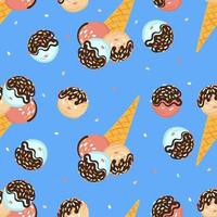 Seamless pattern ice cream scoop in a waffle cone with chocolate and sprinkles on a bright blue background. Vector cartoon illustration