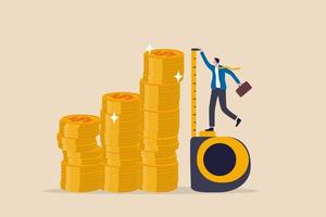 Investment measurement or benchmark, ROI, return on investment, wealth monitoring with financial goal or target concept, businessman investor using measuring tape to measure money coins stack height. vector