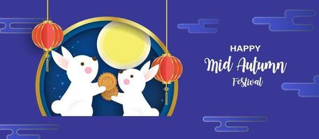 banner del festival del medio otoño con lindos conejos y la luna en estilo de corte de papel vector