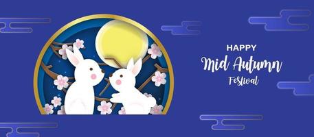 banner del festival del medio otoño con lindos conejos y la luna en estilo de corte de papel vector